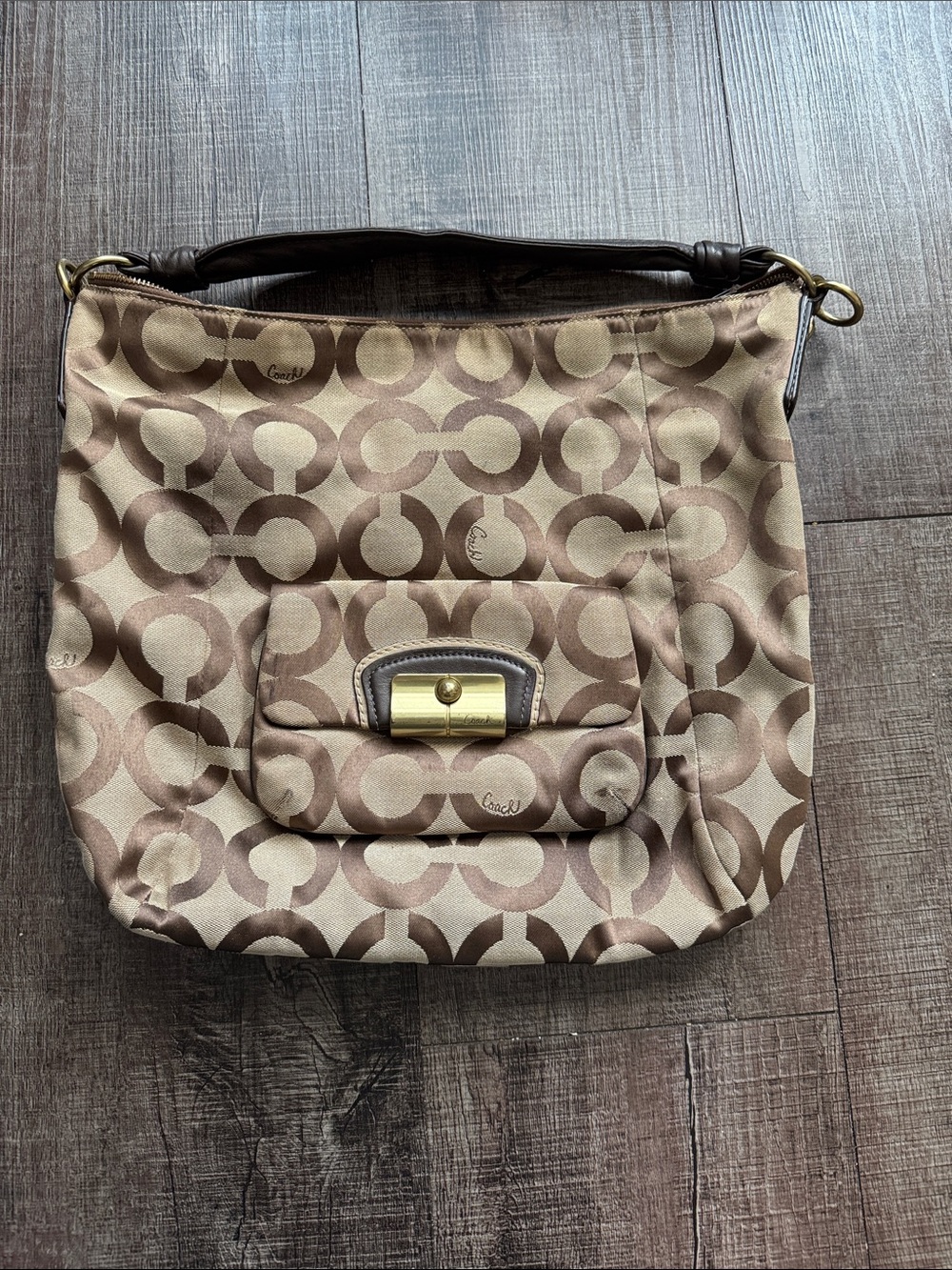 Coach Brown Signature C Canvas Hobo with Dark Brown Leather Trim